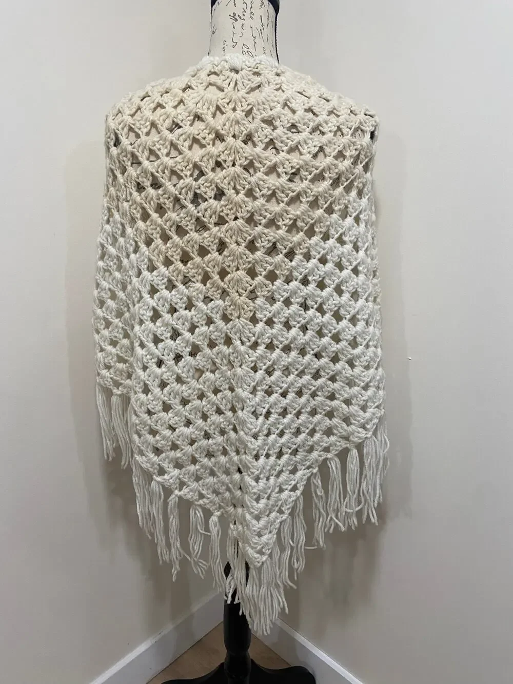 Vintage 70s Fringed Handmade Crocheted White & Cream Blanket Shawl Wrap